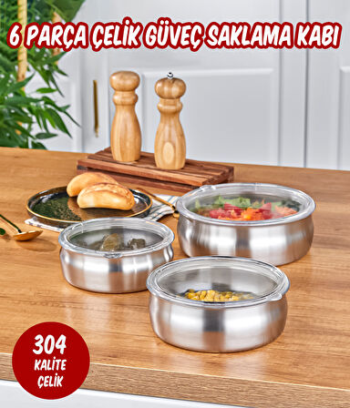 3’lü Çelik Güveç Model Saklama Kabı 6 Parça