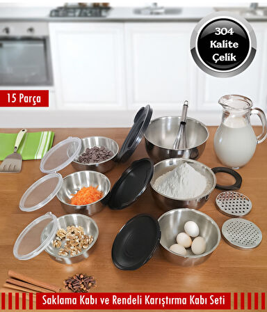 Çelik Rendeli Saklama Kabı (9Parça) ve 3'lü Saklama Kabı 15 Parça Set