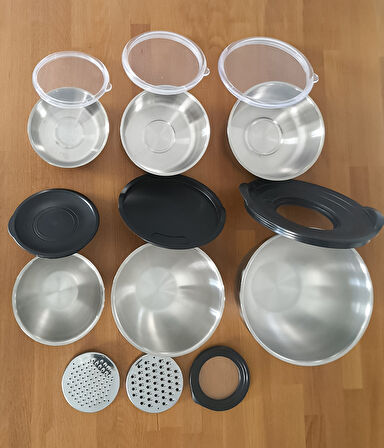 Çelik Rendeli Saklama Kabı (9Parça) ve 3'lü Saklama Kabı 15 Parça Set
