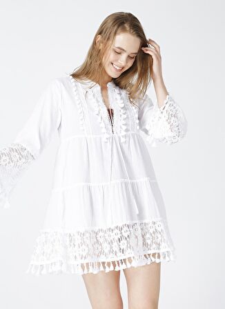White by Nature Geniş Yaka Beyaz  Kadın Plaj Elbisesi