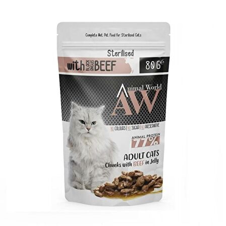 Animal World Sterilised Jöleli Parça Sığır Etli Kısırlaştırılmış Kedi Pouch Mama 80gr