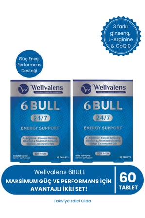 Wellvalens 6 Bull Erkek Takviyesi Gıda Ginseng, L-Arginine ve CoQ10 İçeren 60 Tablet