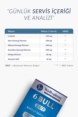 Wellvalens 6 Bull Erkek Takviyesi Gıda Ginseng, L-Arginine ve CoQ10 İçeren 60 Tablet