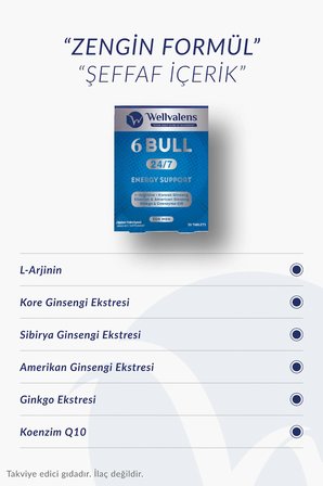 Wellvalens 6 Bull Erkek Takviyesi Gıda Ginseng, L-Arginine ve CoQ10 İçeren 60 Tablet