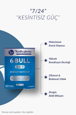 Wellvalens 6 Bull Erkek Takviyesi Gıda Ginseng, L-Arginine ve CoQ10 İçeren 60 Tablet