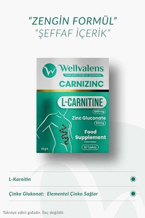 Wellvalens Carnizinc L-Karnitin 1000 mg + Çinko 2 Kutu 60 Tablet