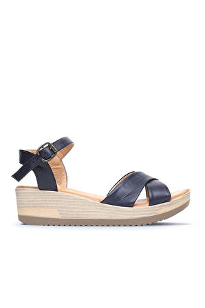 Bueno Shoes Lacivert Deri Kadın Dolgu Topuklu Sandalet 01wl3303
