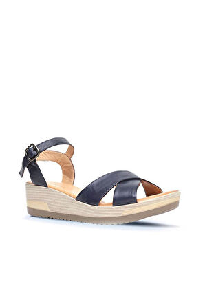 Bueno Shoes Lacivert Deri Kadın Dolgu Topuklu Sandalet 01wl3303