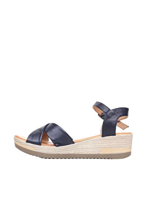 Bueno Shoes Lacivert Deri Kadın Dolgu Topuklu Sandalet 01wl3303