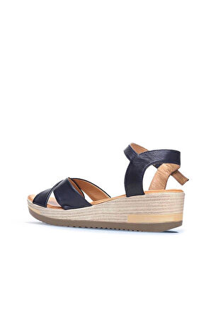 Bueno Shoes Lacivert Deri Kadın Dolgu Topuklu Sandalet 01wl3303
