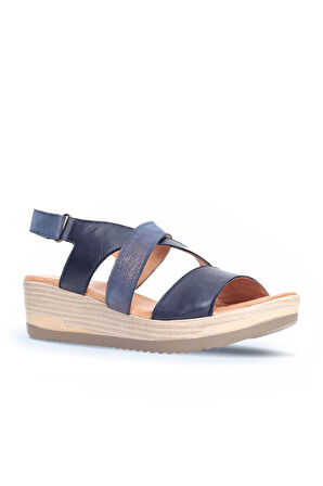 Bueno Shoes Lacivert Deri Kadın Dolgu Topuklu Sandalet 01wl3306