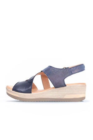 Bueno Shoes Lacivert Deri Kadın Dolgu Topuklu Sandalet 01wl3306