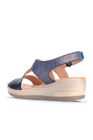 Bueno Shoes Lacivert Deri Kadın Dolgu Topuklu Sandalet 01wl3306
