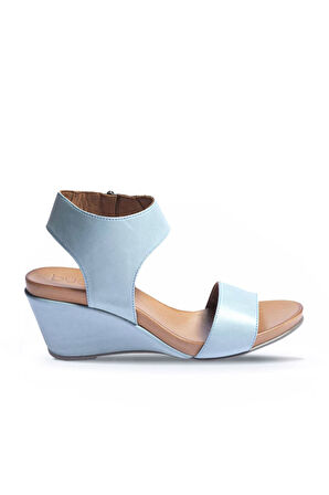 Bueno Shoes Mavi Deri Kadın Dolgu Topuklu Sandalet 01wn0501