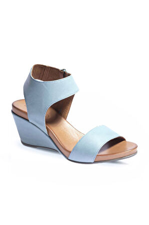 Bueno Shoes Mavi Deri Kadın Dolgu Topuklu Sandalet 01wn0501
