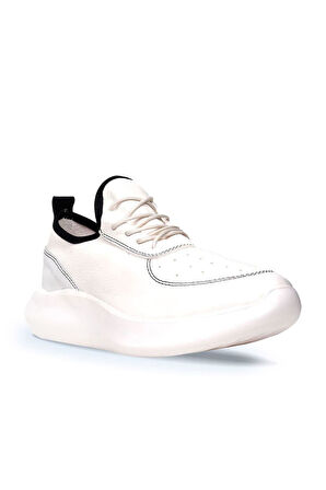 Bueno Shoes Beyaz Siyah Deri Kadın Dolgu Topuklu Spor Ayakkabı 01wq10204