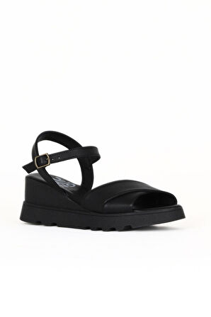 Bueno Shoes Siyah Deri Kadın Dolgu Topuklu Sandalet 01we5201