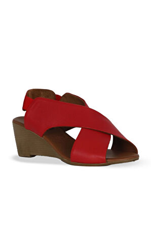 Bueno Shoes Kırmızı Deri Kadın Dolgu Topuklu Sandalet 01we4004