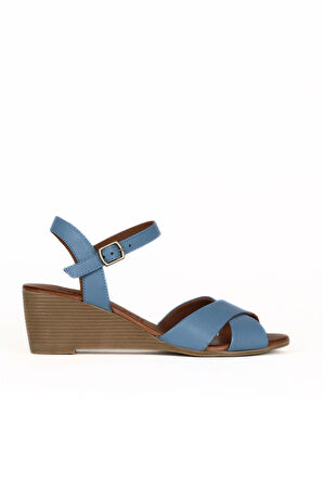 Bueno Shoes Mavi Deri Kadın Dolgu Topuklu Sandalet 01we4003