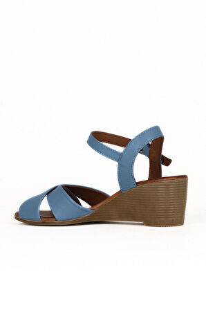 Bueno Shoes Mavi Deri Kadın Dolgu Topuklu Sandalet 01we4003