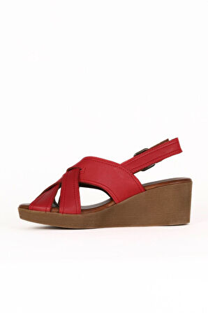Bueno Shoes Kırmızı Deri Kadın Dolgu Topuklu Sandalet 01we3906