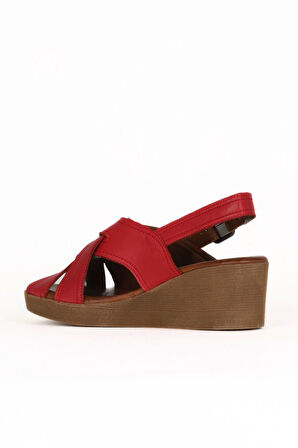 Bueno Shoes Kırmızı Deri Kadın Dolgu Topuklu Sandalet 01we3906