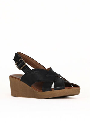 Bueno Shoes Siyah Deri Kadın Dolgu Topuklu Sandalet 01we3906