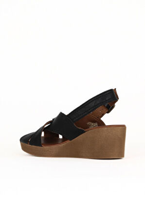 Bueno Shoes Siyah Deri Kadın Dolgu Topuklu Sandalet 01we3906