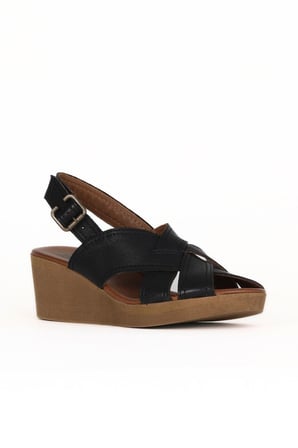 Bueno Shoes Siyah Deri Kadın Dolgu Topuklu Sandalet 01we3906