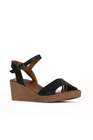 Bueno Shoes Siyah Deri Kadın Dolgu Topuklu Sandalet 01we3904