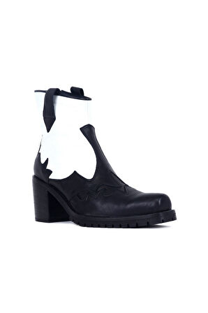 Bueno Shoes Siyah Beyaz Deri Kadın Topuklu Bot 01wr6000