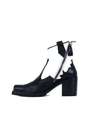 Bueno Shoes Siyah Beyaz Deri Kadın Topuklu Bot 01wr6000
