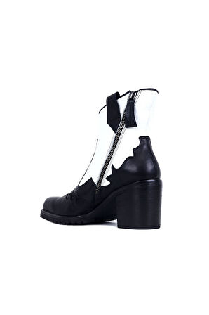 Bueno Shoes Siyah Beyaz Deri Kadın Topuklu Bot 01wr6000