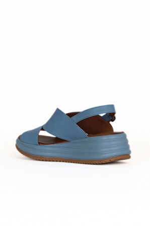 Bueno Shoes Mavi Deri Kadın Dolgu Topuklu Sandalet 01we3202