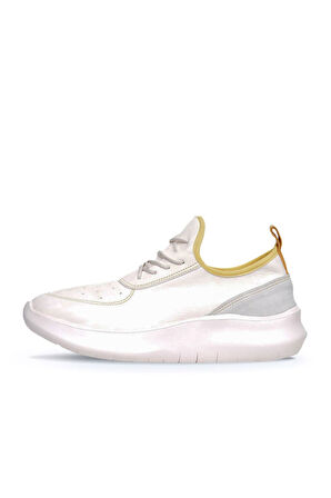 Bueno Shoes Beyaz Sarı Deri Kadın Dolgu Topuklu Spor Ayakkabı 01wq10204