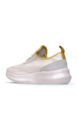Bueno Shoes Beyaz Sarı Deri Kadın Dolgu Topuklu Spor Ayakkabı 01wq10204