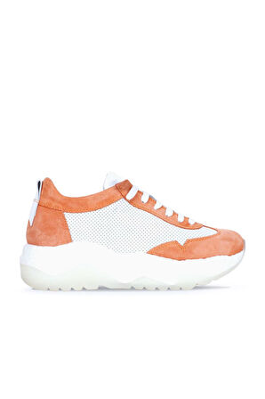 Bueno Shoes Beyaz Turuncu Deri Kadın Dolgu Topuklu Spor Ayakkabı 01wq5203