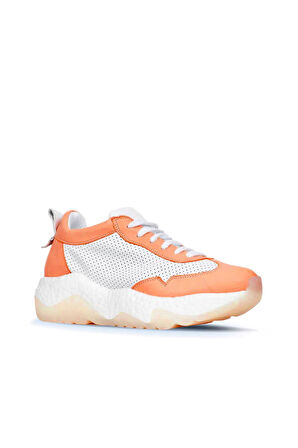 Bueno Shoes Beyaz Turuncu Deri Kadın Dolgu Topuklu Spor Ayakkabı 01wq5203