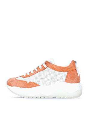 Bueno Shoes Beyaz Turuncu Deri Kadın Dolgu Topuklu Spor Ayakkabı 01wq5203