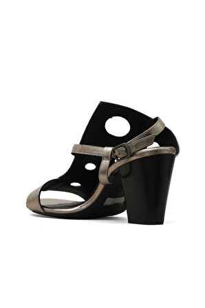 Bueno Shoes Gri Siyah Deri Kadın Topuklu Sandalet 01wl3704