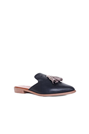 Bueno Shoes Siyah Vizon Deri Kadın Düz Terlik 01wn0111