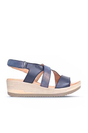 Bueno Shoes Lacivert Deri Kadın Dolgu Topuklu Sandalet 01wl3306