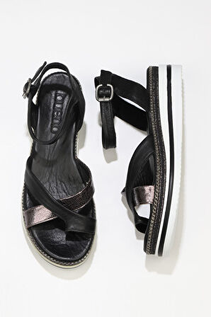 Bueno Shoes Siyah Kurşun Deri Kadın Düz Sandalet 01wq1607