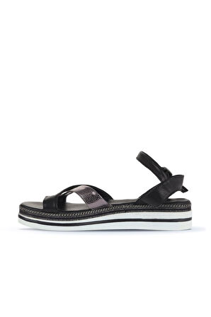 Bueno Shoes Siyah Kurşun Deri Kadın Düz Sandalet 01wq1607