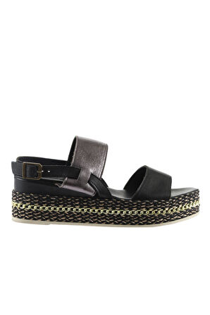 Bueno Shoes Siyah Kurşun Deri Kadın Dolgu Topuklu Sandalet 01ws5200