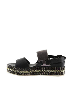 Bueno Shoes Siyah Kurşun Deri Kadın Dolgu Topuklu Sandalet 01ws5200