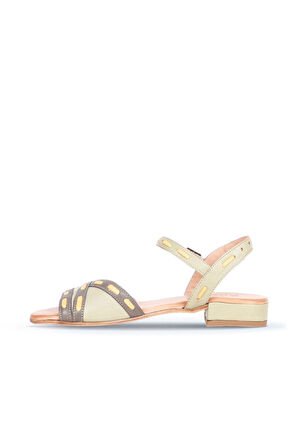 Bueno Shoes Haki Sarı Deri Kadın Topuklu Sandalet 01ws6102