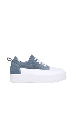 Bueno Shoes Beyaz Mavi Deri-süet Kadın Dolgu Topuklu Ayakkabı 01ws10704