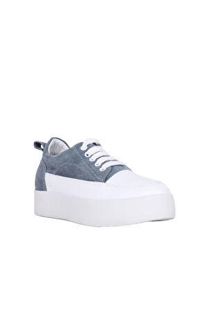 Bueno Shoes Beyaz Mavi Deri-süet Kadın Dolgu Topuklu Ayakkabı 01ws10704