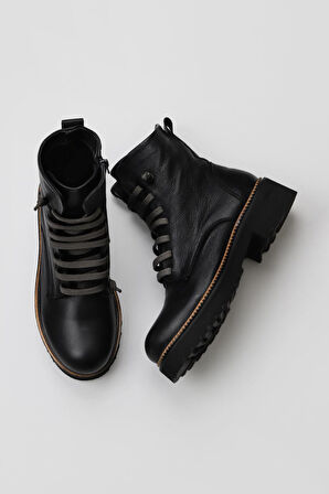 Bueno Shoes Siyah Gri Deri Kadın Düz Bot 01wt0813